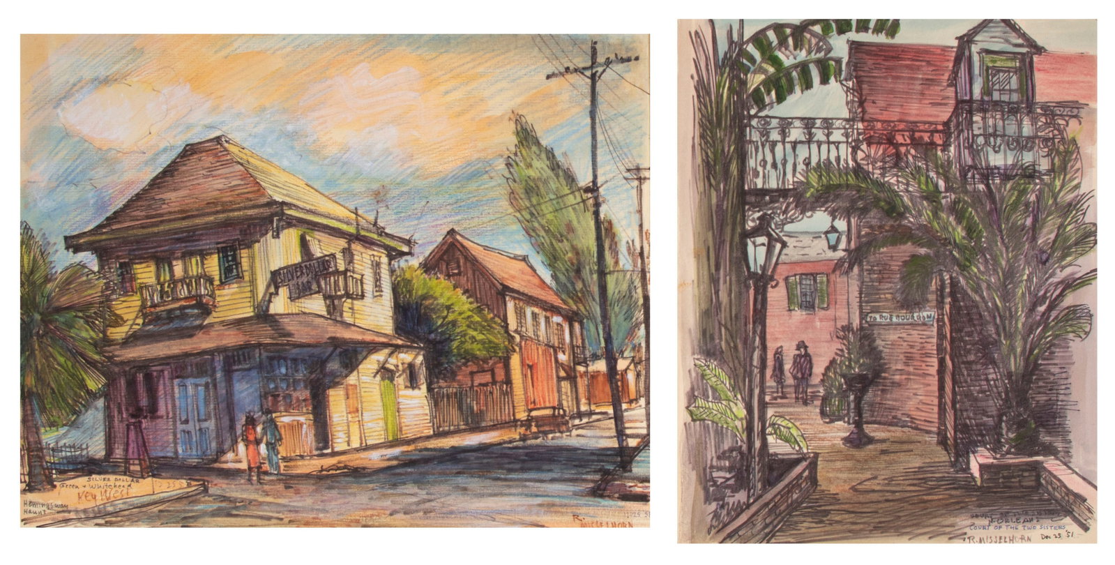 Roscoe Misselhorn (1902-1997) Illinois (eight): KEY WEST 1958, NEW ORLEANS 1951 & Other Places, color pastel and color drawings and drawings, four on card and three on paper, six signed and dated, the largest 14 x 17? to 9.5 x 10.5?; Together with 