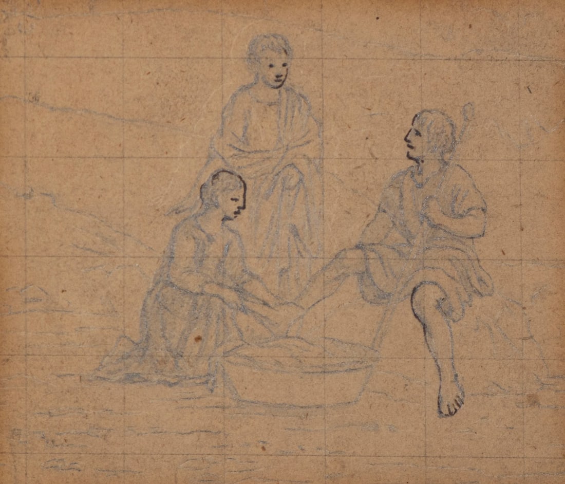 George Morland (1763-1804) British: ARCADIAN SCENE, graphite and ink drawing on paper, sight 3.75 x 3.25?, frame 8.50 x 9? with glass. Provenance: The Drawing Shop, New York.