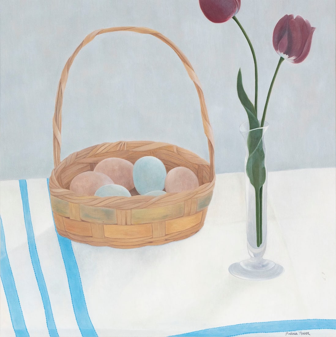 Antonia Munroe (b. 1952) Maine: BASKET WITH EGGS, watercolor and gouache on paper, signed lower right, sight 19.25 x 1.25?, frame 25.75 x 26? with plexiglass.