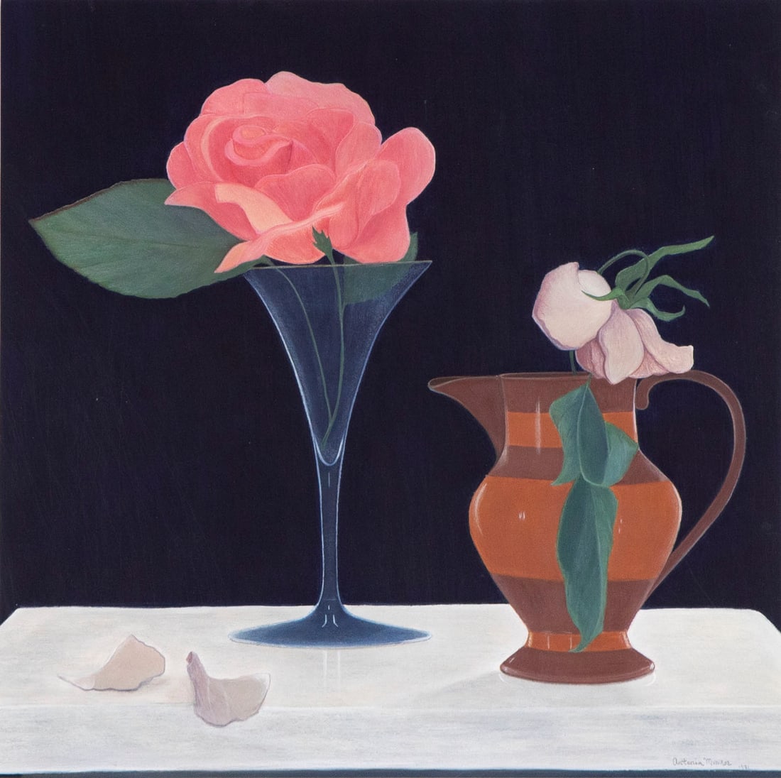 Antonia Munroe (b. 1952) Maine: TWO ROSES, 1981, watercolor and gouache on paper, signed and dated lower right, sight 1.50 x 11.50?, frame 18 x 18? with plexiglass.