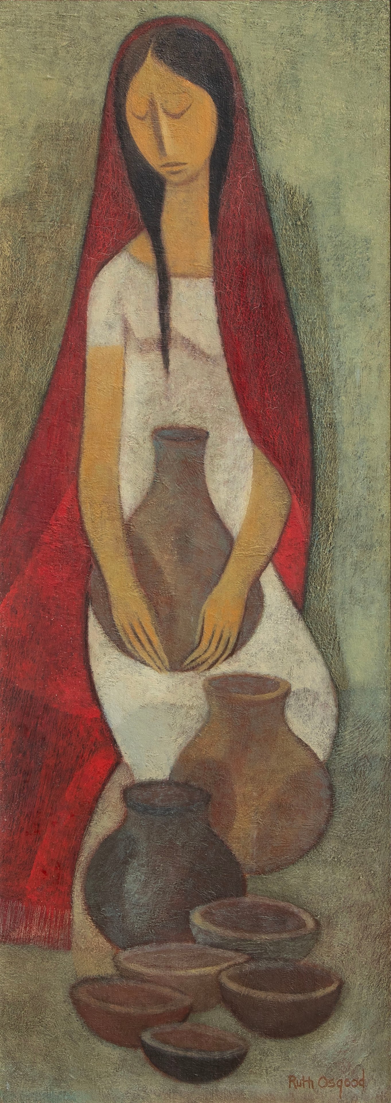 Ruth Osgood (1920-2003) California: THE POTTERY MARKET, oil painting on board, signed lower right, 21.50 x 8?, frame 25.75 x 12.50 x 2?. Purchased from Cowie Galleries, Los Angeles. From the Brattleboro Museum & Art Center, Vermont.