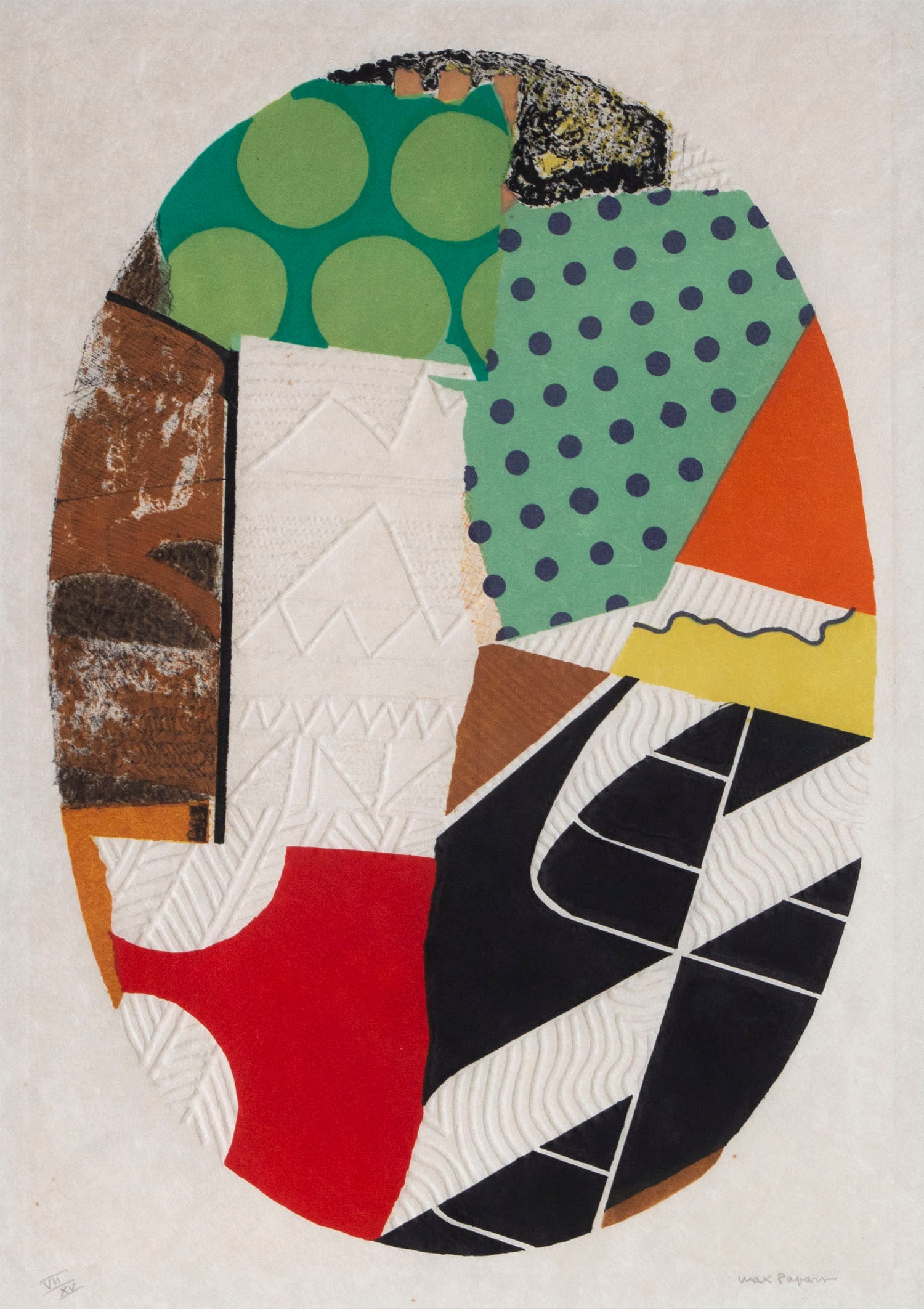 Max Papart (1911-1994) French: PRIMAVERA, 1972, blanc carborumdum gravure and color lithograph on Japan paper, signed and numbered 7/15 Roman numeral in pencil, image 25.25 x 17.50? oval shape, full margins, frame 35.25 x 27.25? wi