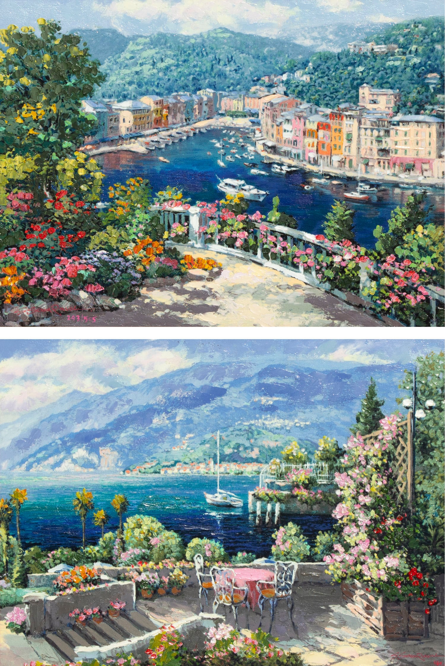 Sung Sam Park (b. 1949) Korea (two): PORTOFINO TREASURE; BELLAGIO TREASURE, 2000, two deluxe hand-embellished color screenprints on canvas, each signed and numbered 243/505 & 469/505, sizes 12 x 16?, frames 18.50 x 23.50?, each with