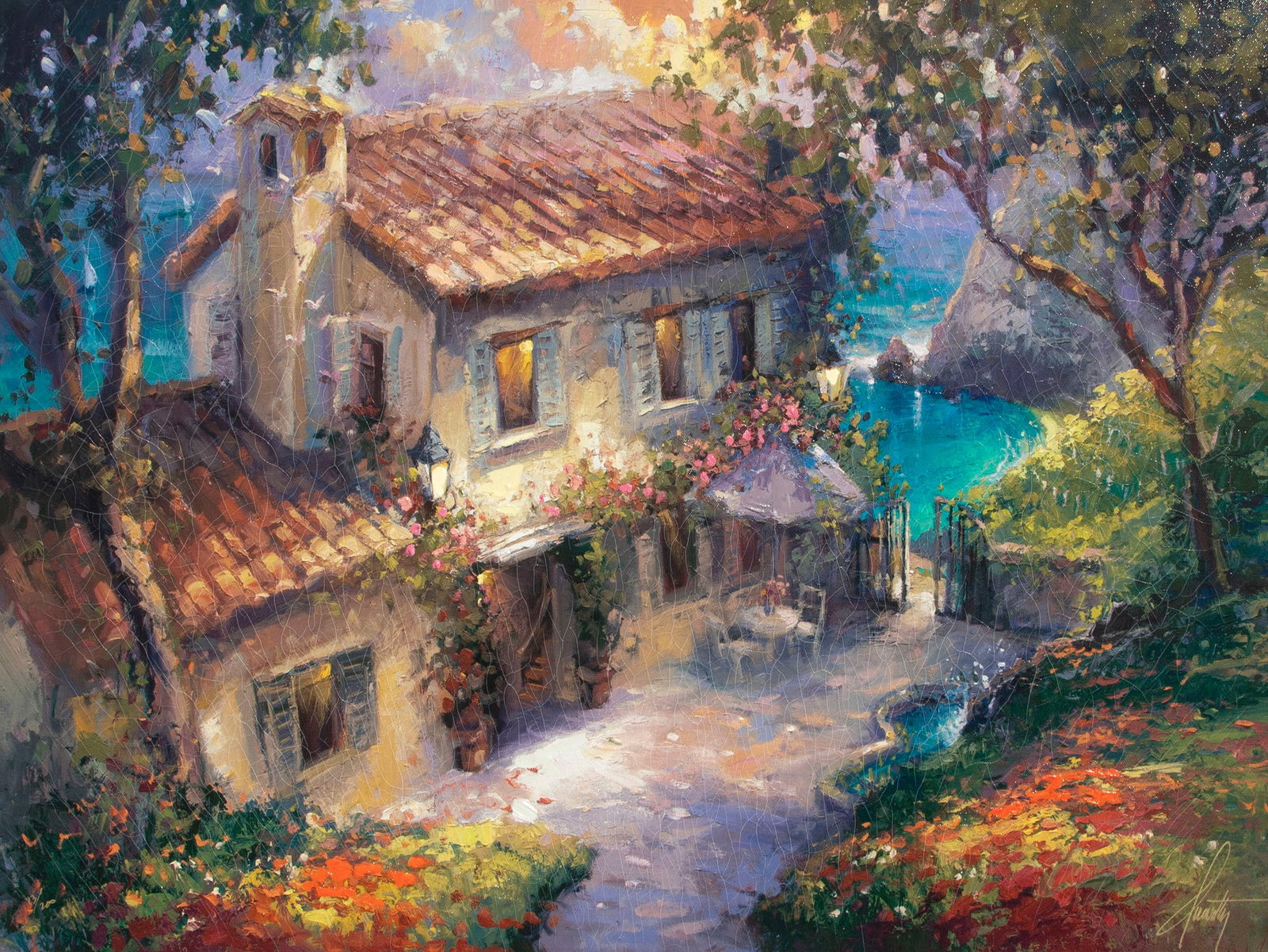 Steven Quarterly (b. 1971) California: VILLA HIDEAWAY, hand embellished color pigment print on canvas with processed faux craquelure throughout, signed and numbered 73/200 in gold ink lower left and right, numbered and titled on verso in p