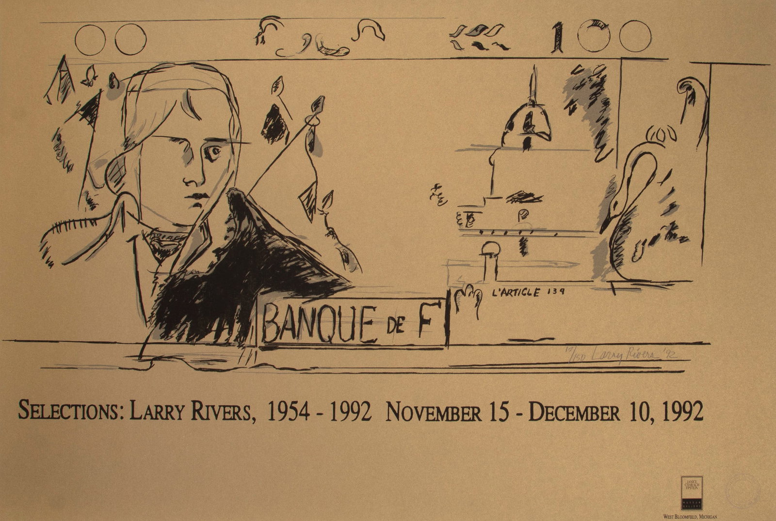 Larry Rivers (1923-2002) American: BANQUE, 1992, color screenprint, signed and dated and numbered edition of 150 in pencil, published for the artist?s exhibition at the Janice Charach Epstein Museum Gallery, West Bloomfield Michigan, w
