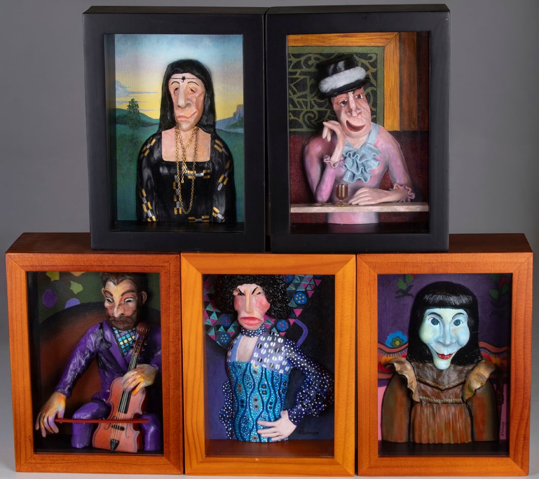 Al Schnupp (20th Century) California (five): PORTRAITS BY GREAT ARTISTS XX: Raphael, Manet, Gauguin, Klimt, Gauguin, five mixed media sculptures, each signed, each in 7.75 x 5.75 x 2.75? frame with glass. (5)