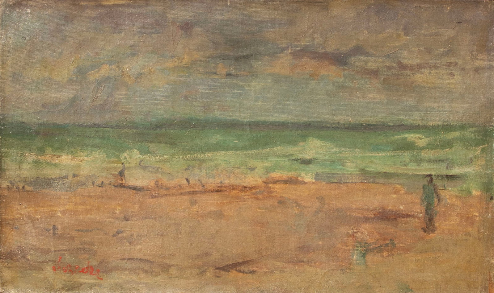 Zygmunt (Szreter) Schreter (1886-1977) Polish: COUPLE ON SHORE oil painting on canvas, signed lower left, 13 x 21.75?, frame 20 x 28.75 x 2.75?. From the Brattleboro Museum & Art Center, Vermont.