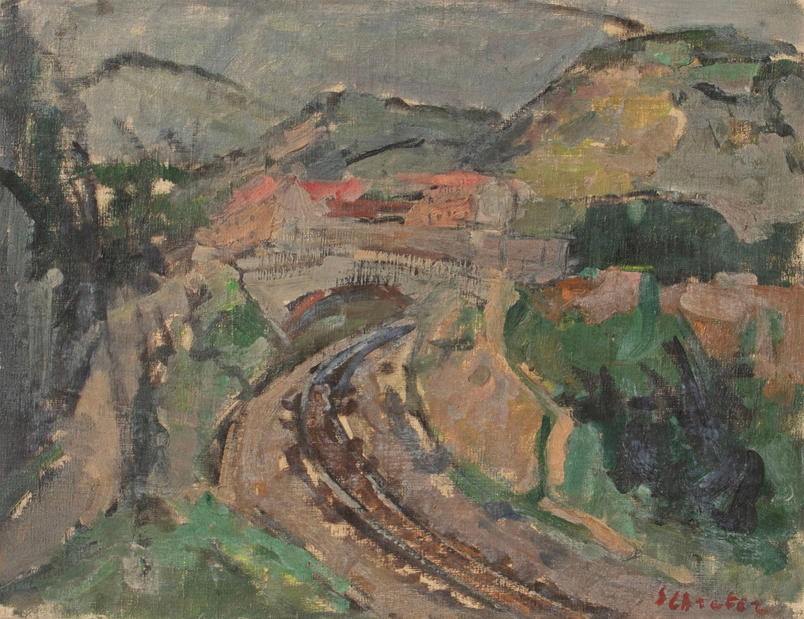 Zygmunt (Szreter) Schreter (1886-1977) Polish: THE BRIDGE, oil painting on canvas, signed lower right, 13 x 16.25?, frame 22 x 25 x 2.50?. Purchased from Manhattan Galleries, Pasadena. From the Brattleboro Museum & Art Center, Vermont.