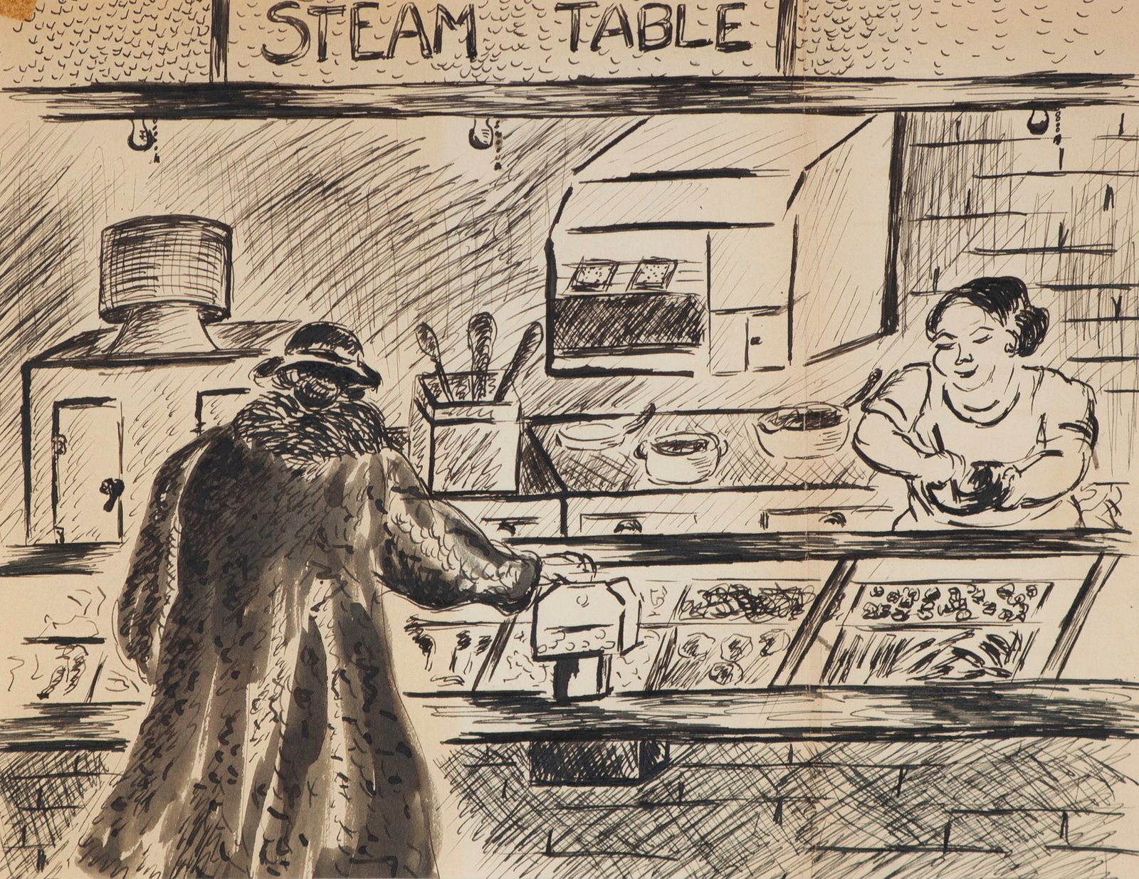 John Sloan (1871-1951) Pennsylvania: THE STEAM TABLE; TAKE OUT COUNTER, STUDY OF COATS AND A CHAIR, double-sided drawings on paper, Steam Table an ink and wash, signed on verso in ink?, sight 8.50 x 11?; Coats and Chair a graphite drawin