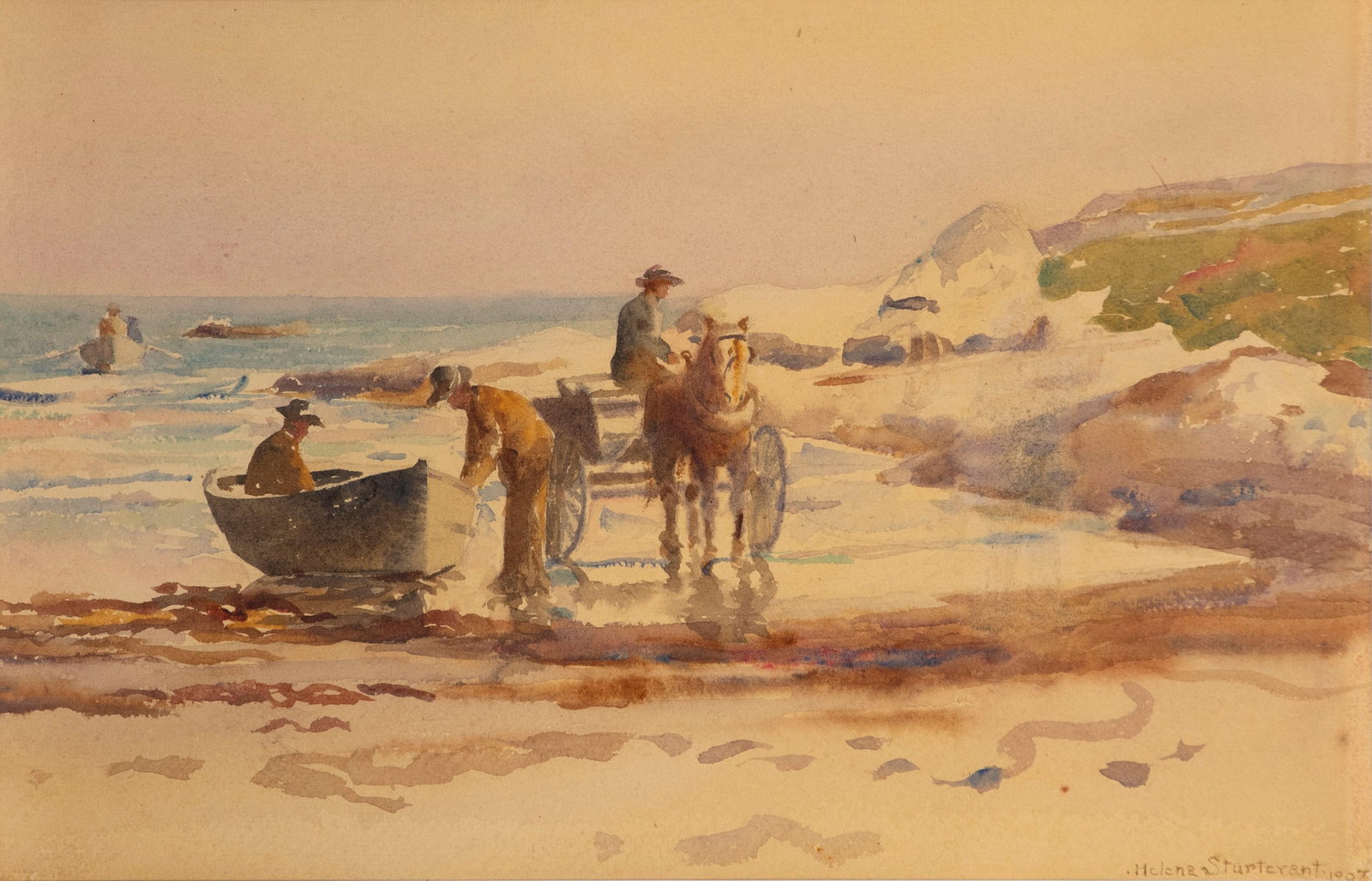 Helena Sturtevant (1872-1946) Rhode Island: BRINGING IN THE CATCH, 1907, watercolor on paper, signed land dated lower right, sight 8.50 x 13.50?, frame 20 x 24? with glass.