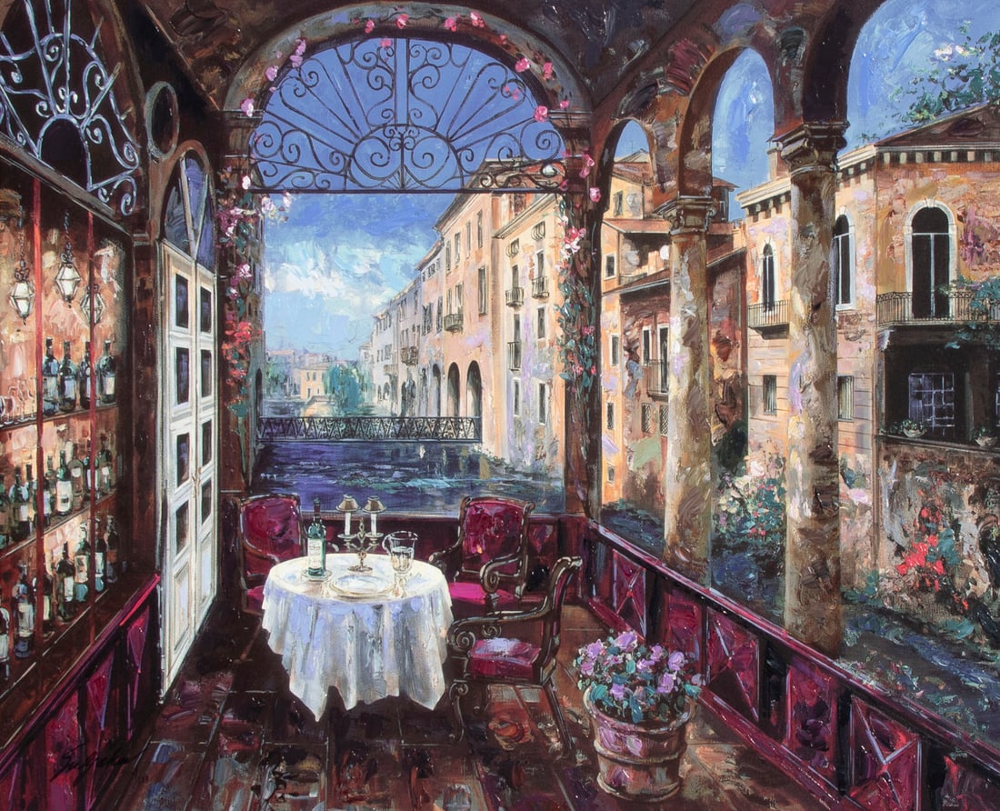 Vadik Suljakov (b. 1960) Russian: NEAR THE CANAL, deluxe hand embellished color giclee on canvas, signed and numbered 104/225 in ink lower left, signed on verso, 24 x 30?, frame 34 x 40?.