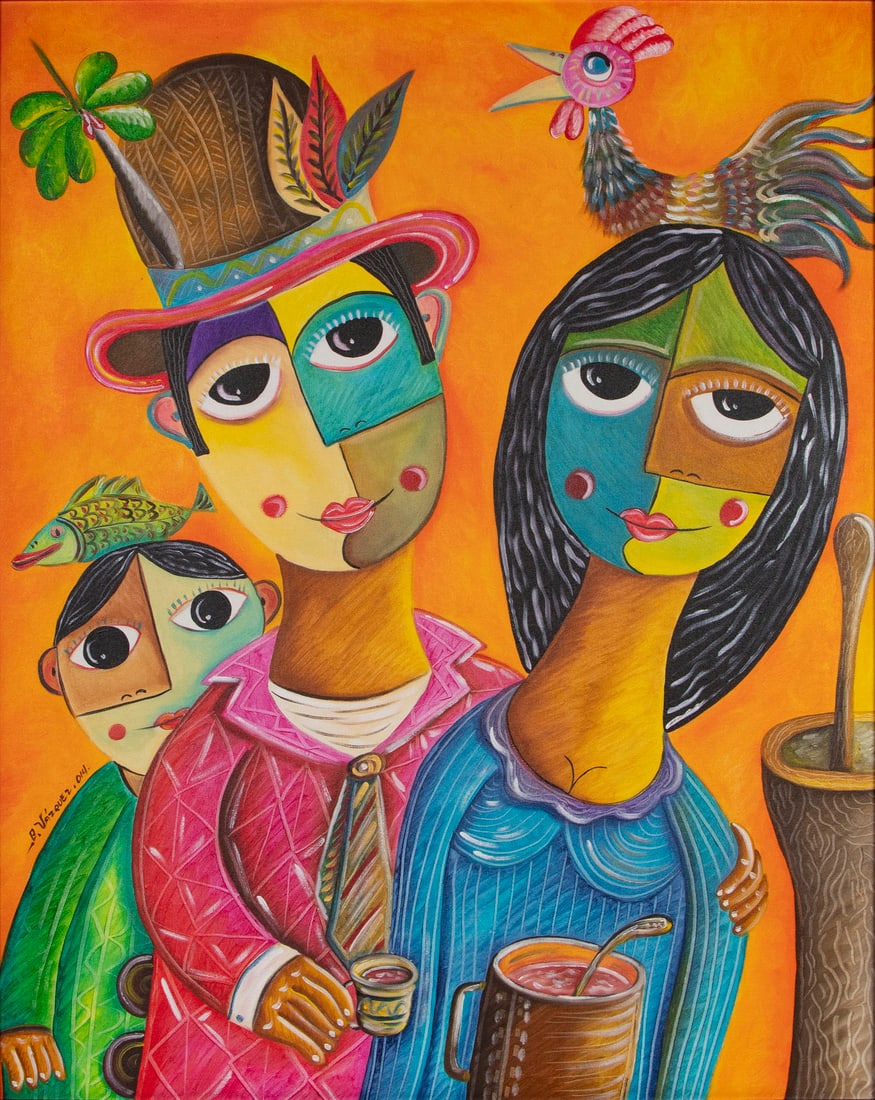 Carlos Vazquez (20th/ 21st Century) Cuban: FAMILY WITH ROOSTER, 2014, oil painting on canvas, signed and dated lower left, 38.50 x 30.50?, frame 40.25 x 32.75?.