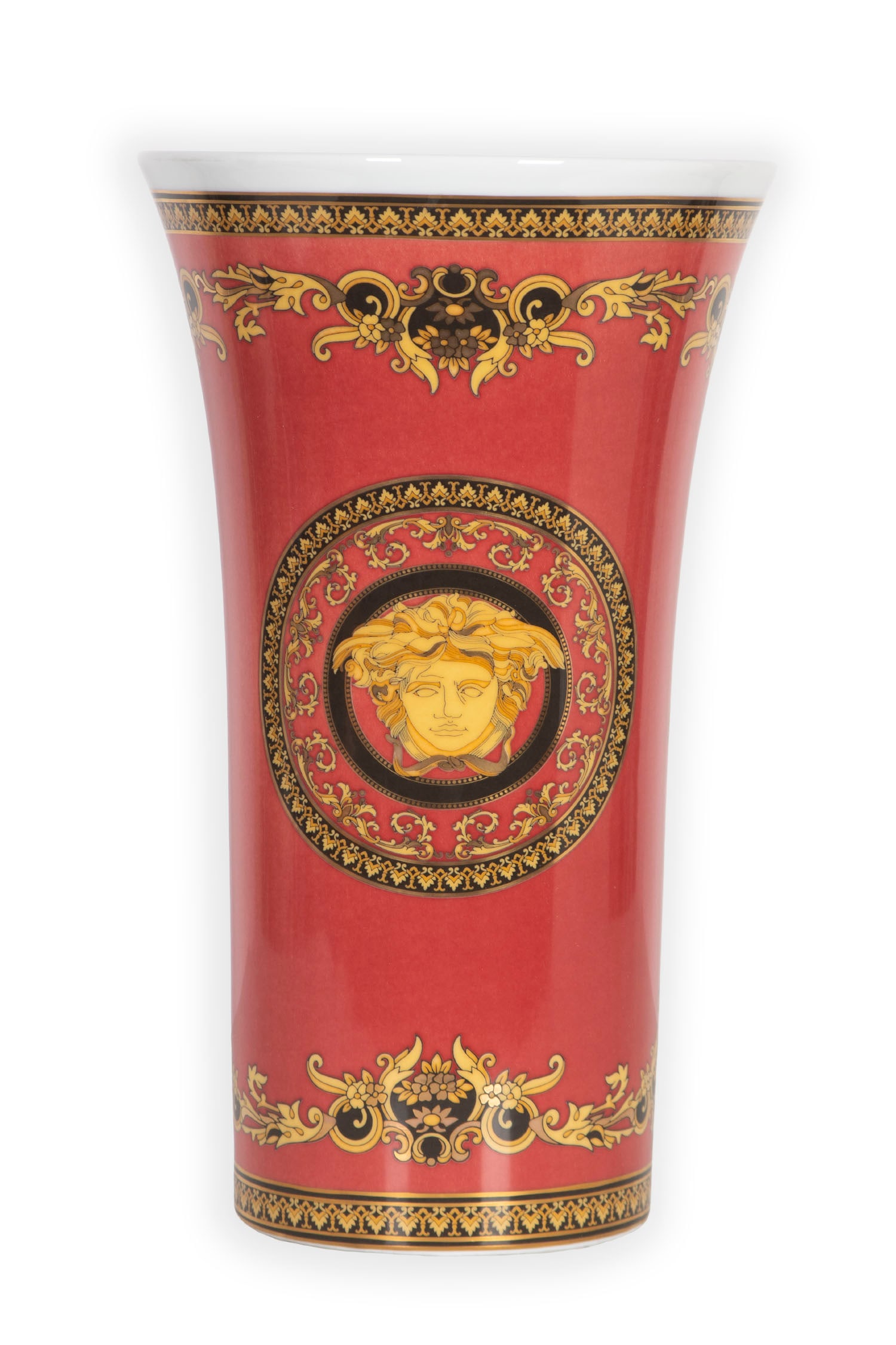 Versace for Rosenthal Studio-linie, Germany: MEDUSA, a large porcelain vase with red and black and gold exterior, and white interior, hallmarked and titled underneath, 13.50? tall, 8? diameter.