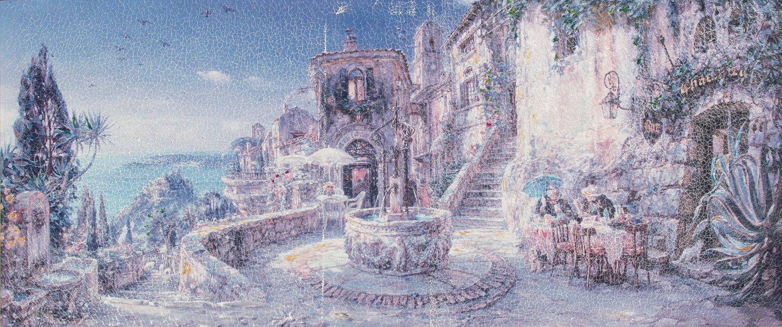 Cao Yon (b. 1962) China: MEDITERRANEAN SUNRISE, hand embellished color giclee on canvas with processed faux craquelure throughout, signed in gold ink and numbered 71/150 AP in black ink (faded), 42 x 18.25?, frame 32 x 56 x 3
