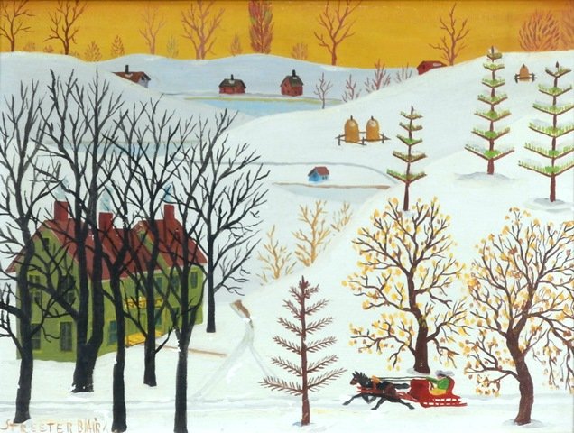 Streeter Blair (1888-1966) American: WINTER SCENE, oil painting on canvas board, signed lower left, 9 x 12”, framed, some surface soiling, small horizontal scrape upper edge, small chips mainly in lower snow area, otherwise in good con