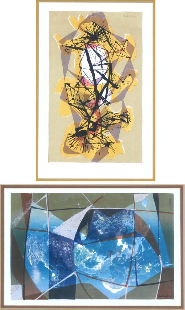 Dorr Bothwell (1902-2000) Californian (two): STAR BINNEALE, 1955; CAGNES, 1951, two color blockprints, each signed in pencil, from the numbered editions 25, images 17 x 10 ½” & 9 ¼ x 14 ¼”, both with full margins and framed with glass, a 