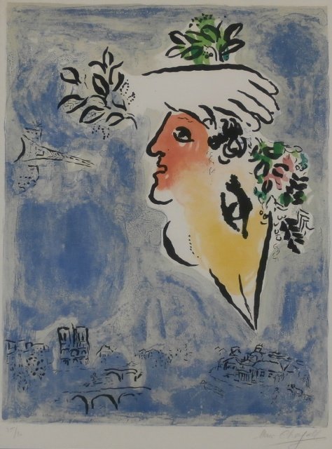 Marc Chagall (1887-1985) Russian/ French: BLUE SKY (M.409), 1964, color lithograph, signed in pencil, from the numbered edition 90, image 26 ¼ x 20 ¼”, printed by Mourlot, published by Maeght, full margins, framed with glass, some colors 