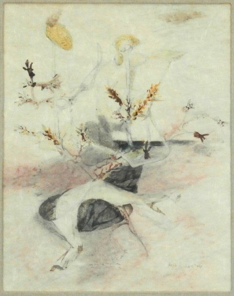 Anya Fisher (1905-1992) Russian/ American: UNTITLED, 1950, watercolor on rice paper, signed and dated lower right, sight 12 ½ x 10”, framed with glass, possibly faded, tear upper left corner, otherwise in apparently generally good condition