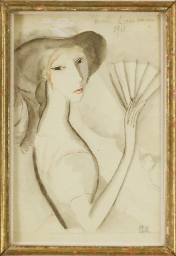 Marie Laurencin (1885-1956) French: LADY WITH FAN, 1911, watercolor on paper, signed and dated upper right, 6 x 4”, framed with glass, a few tiny speckles otherwise in apparently good studio condition. Provenance: Paul & Gilbert Petri