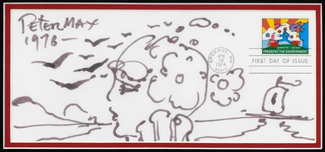 Peter Max (b.1937) German/American: VISAGE, 1976, ink drawing on a standard 4 x 9 ½” envelope, signed and dated upper left, with the First Day Issue Peter Max stamp upper right corner, framed with glass, in apparently good condition.