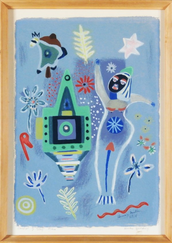 Henry Miller (1891-1980) Californian: HINDU WEDDING, color screenprint, signature in design, from the numbered edition 200, image 17 x 11 ¾”, full margins, framed with glass, apparently signed in pencil lower left in image?, crescent c