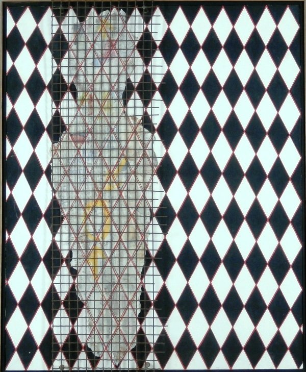 Mario Padovan (b. 1927) Italian (two): ARLEQUIN IN GAYL (Clown in Jail), 1964, acrylic painting with attached metal grid, signed dated and titled on verso, 40 ½ x 32”, framed, some surface soiling, small scuffs and scrapes, otherwise in