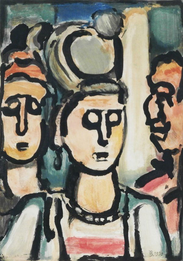 Georges Rouault (1871-1958) French: TRIO (J.128) from Twelve Aquatints, 1938, color aquatint etching, initials and date in plate, image 11 ½ x 8 ¼”, printed by Lacouriere, published by Vollard, full margins?, framed with glass, some