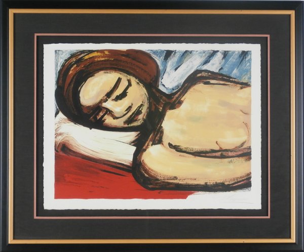 David Siqueiros (1896-1974) Mexican: RECLINING WOMAN, 1973, color lithograph, signed in pencil, from the edition Roman numeral 25, sheet 22 ½ x 29 ½”, published by Editions Press, framed with glass, a few creases in corners, small su