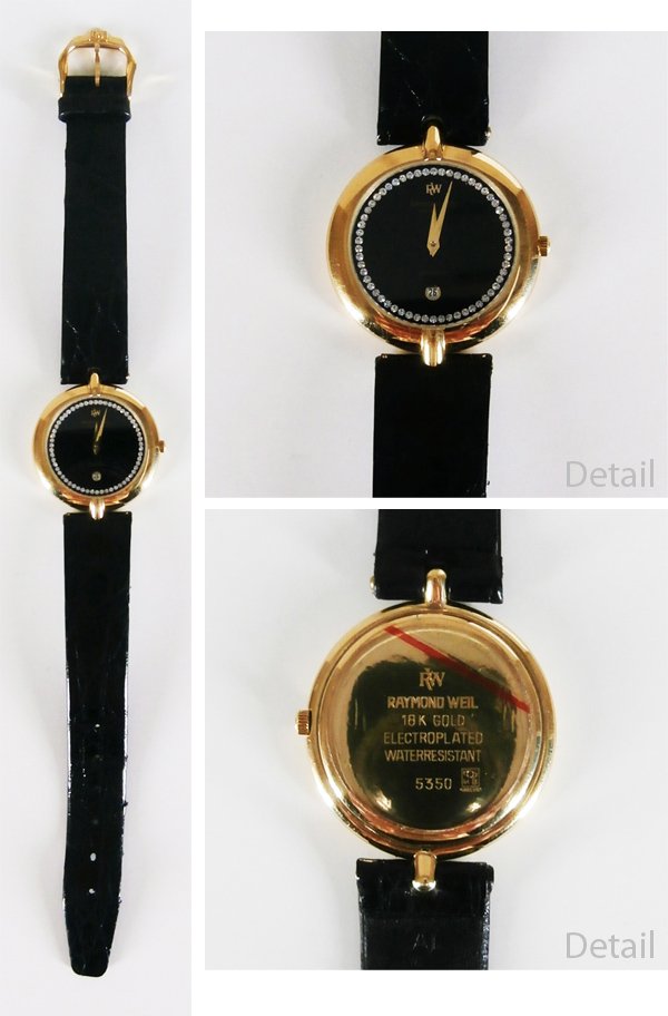 Watch: Raymond Weil: An 18k yellow gold plated watch with black dial surround by round crystals, leather strap, in good occasional use condition.