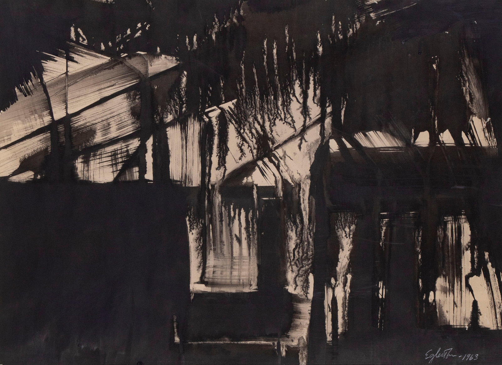 Mid-Century Artist Unidentified: UNTITLED, 1963, ink painting on paper, signed Egle****on and dated lower right, signed and dated and inscribed F-50 on verso, 17.75 x 24", frame 22 x 28" with plexiglass. From the collection of NOHO M