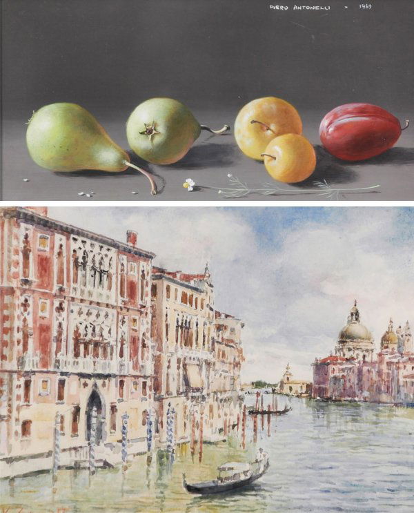 Piero Antonelli (1916-1990) Italian & Zanotti (two): Piero Antonelli, STILL LIFE WITH FRUIT, 1969, oil painting on Masonite, signed and dated upper right, 7 x 13”, a few scuffs and hairline scratches, otherwise in good studio condition; Zanotti, VENIC