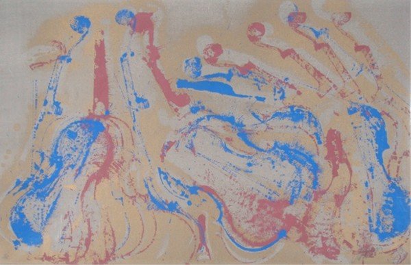Fernandez Arman (1928-2005) French (two): GUITARS IN MOTION, 1980, two of the same color screenprints, each signed in pencil, from the numbered editions 150, sheets 25 ½ x 39”, stamped copyright A. L. Freilich on verso, some creases, some