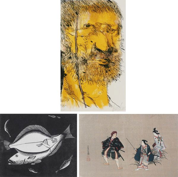 Leonard Baskin & Fay Chong (three): Leonard Baskin, BEARDED MAN, color lithograph, signed in pencil, artist’s proof aside from a numbered edition, sheet 17 x 11 ½”, double sided tape on verso, some skinning on verso with thining vi