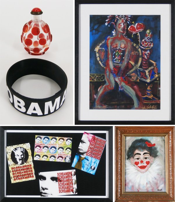 Small collection: J. Kahn Valentino, Jewell Halls, Gary: J. Kahn Valentino, UNTITLED, 2000, gouache on paper, signed lower right, sight 11 ¾ x 8 ¾”; Jewell Halls, LEE LEE CLOWN, 1984, oil painting on canvas board, signed lower right, signed dated and ti
