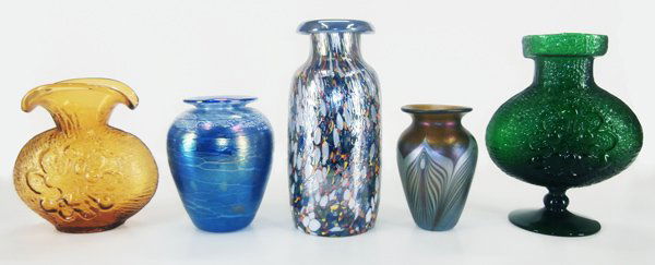 Decorative Glass: Blenko (2), T. Shaw, Phoenix &: Blenko green and gold vases with flower fronts, 10 ½” & 8” tall, both 8” wide; T. Shaw iridescent vase, 7 ¼ tall, 6” diameter, signed underneath; Phoenix art nouveau style vase, 6 ¾” tall