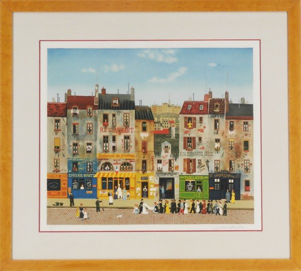 Michel Delacroix (b. 1933) French: PARIS STREET SCENE, c.1975, color lithograph, signed in pencil, from the numbered edition 150, image 19 ½ x 22 ½”, full margins, framed with glass, faint natural ink saturation at image edge, othe