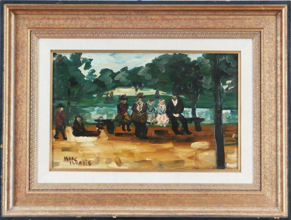 European Artist (20th Century): PARK SCENE, oil painting on wood panel, signed “Isaac Israel” lower left, 9 ¾ x 15 ¾”, framed, surface soiling, otherwise in good condition.