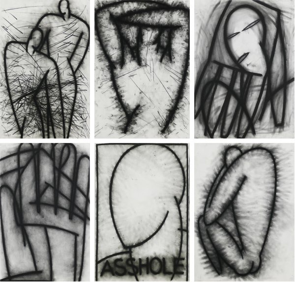 Nick Gaetano (b. 1944) American (six): NOTHING CAN KNOW ITS SELF’ PRIOR PREJUDICE CONNECTING SAME; STILLNESS; UNTITLED; ASSHOLE; HAND, 1983, six charcoal drawing on paper, each 30 x 22”, each signed on the verso, all in good studio con