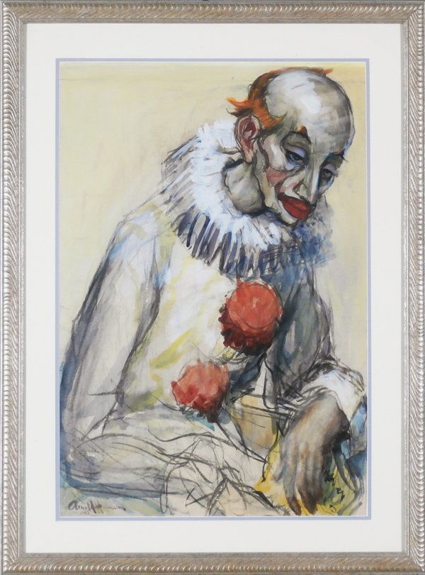 Arnold Hoffman (1886-1966) American: CLOWN, 1945, watercolor on paper, signed and dated lower left, sight 28 ¼ x 19”, framed with glass, some small surface loss possibly from silverfish, some possibly toning, otherwise in apparently g
