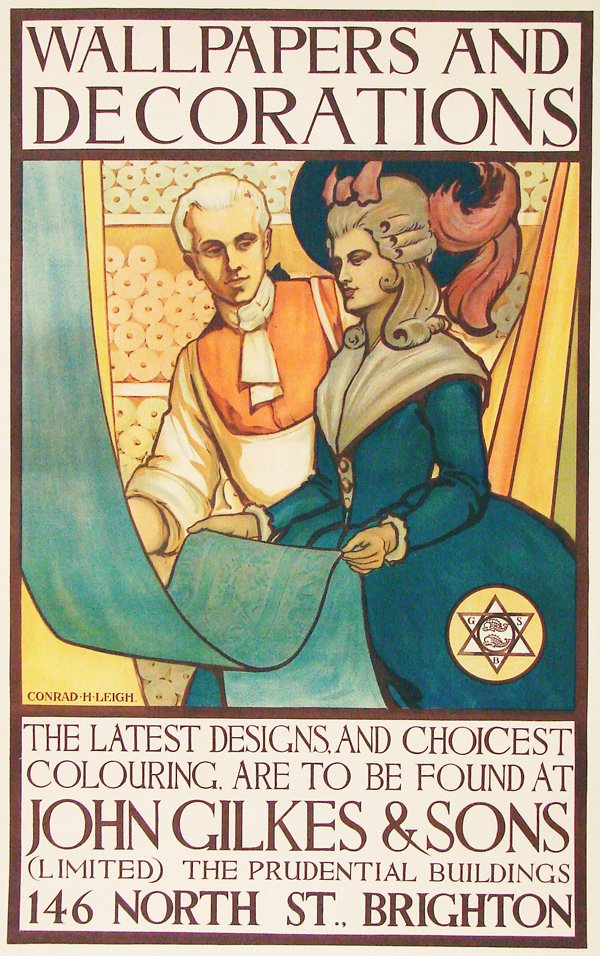 Jewish Merchants Poster: (19th/ 20th Century) British: WALLPAPER & DECORATIONS, color lithograph poster by Conrad H. Leigh, 46 ¾ x 31 ¼”, J. J. Keliher & Co. Ltd. Litho, London, paper-backed, some smudges and soiling and small losses at the edges othe