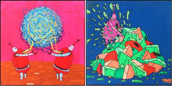 R. Nicholas Kuszyk (20th/ 21st Century) American (two): ROBOTS, 2009 & 2010, two acrylic paintings, one on panel & one on canvas, each signed and dated on verso, both in good studio condition. (2)