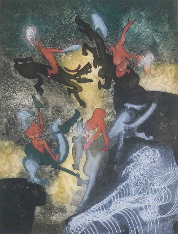 Roberto Matta (1911-2002) Chilean: HOM’MERE (CHAOSMOS) Series (S.359), 1974, color etching, signed in pencil, from the numbered edition 100, image 19 ½ x 14 ½”, full margins, printed and published by Georges Visat, framed with gl