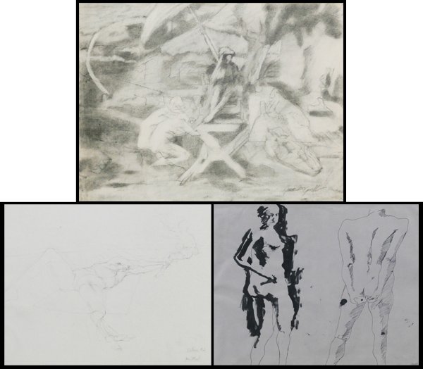 James McGarrell (b. 1930) American (three): BATHERS #2, pencil drawing on paper, signed lower right, 18 x 19 ½”, creases, speckling throughout; SIDE VIEW & BACK VIEW: TWO FIGURES, 1958, ink and brush on paper, signed and dated lower right, 1