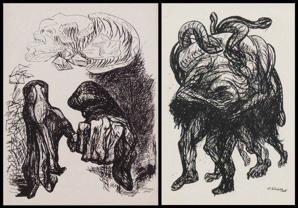 after Jose Orozco & Posada style (twenty-seven): UNTITLED, three prints (two images), signed and dated 1945 in design, sheets 22 x 15 ½”, some staining, creases, and edge losses; Together with El Taller De Grafica Popular, twenty-three Posada sty