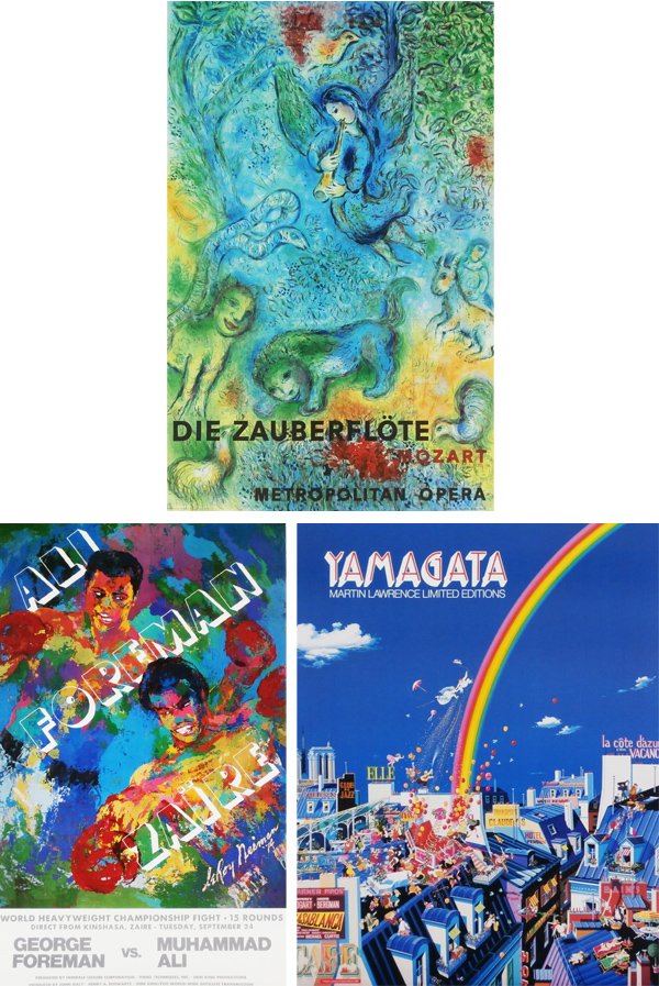 Poster Collection: LeRoy Neiman, Marc Chagall, Hiro: Poster Collection: LeRoy Neiman, Marc Chagall, Hiro Yamagata, Salvador Dali & Yankel Ginzberg & others (seventeen) ALI FOREMAN, ZAIRE, 37 ½ x 23”; after Marc Chagall, DIE ZAUBERFLOTE, color reprodu