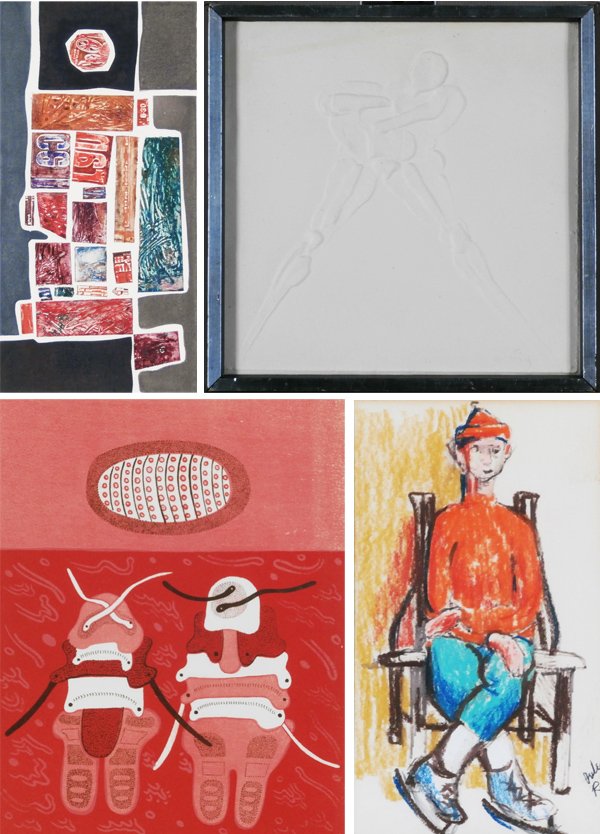 Sherry Schrut, Jan Stussy, Dana Roman, & Jules: Sherry Schrut, HERE & THERE SERIES X, color intaglio print, signed in pencil, from the numbered edition 12, sheet 18 ½ x 9”; Jan Stussy, MAN, relief print, faintly signed lower right, 11 ½ x 11 ½