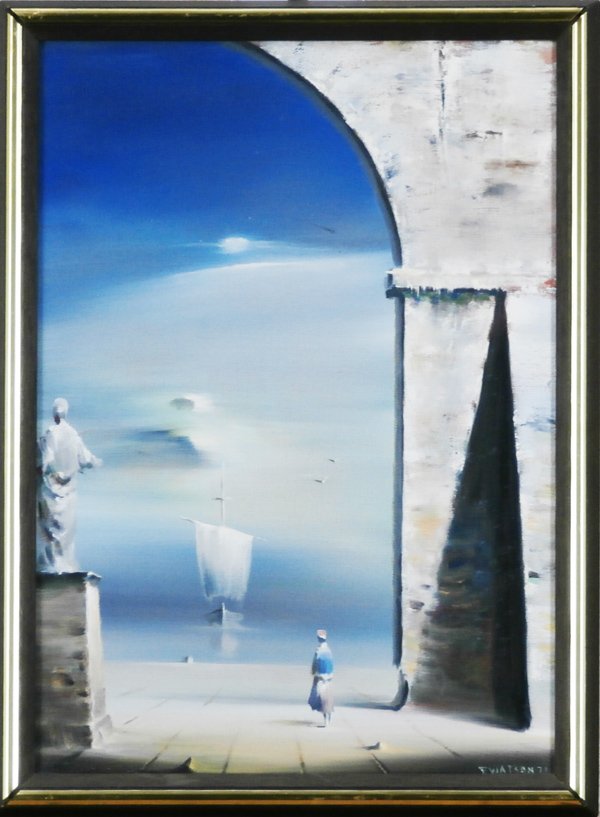 Robert Watson (1923-2004) American: PORT OF CALL, 1971, oil painting on canvas, signed and dated lower right 14 x 10”, in very good studio condition.