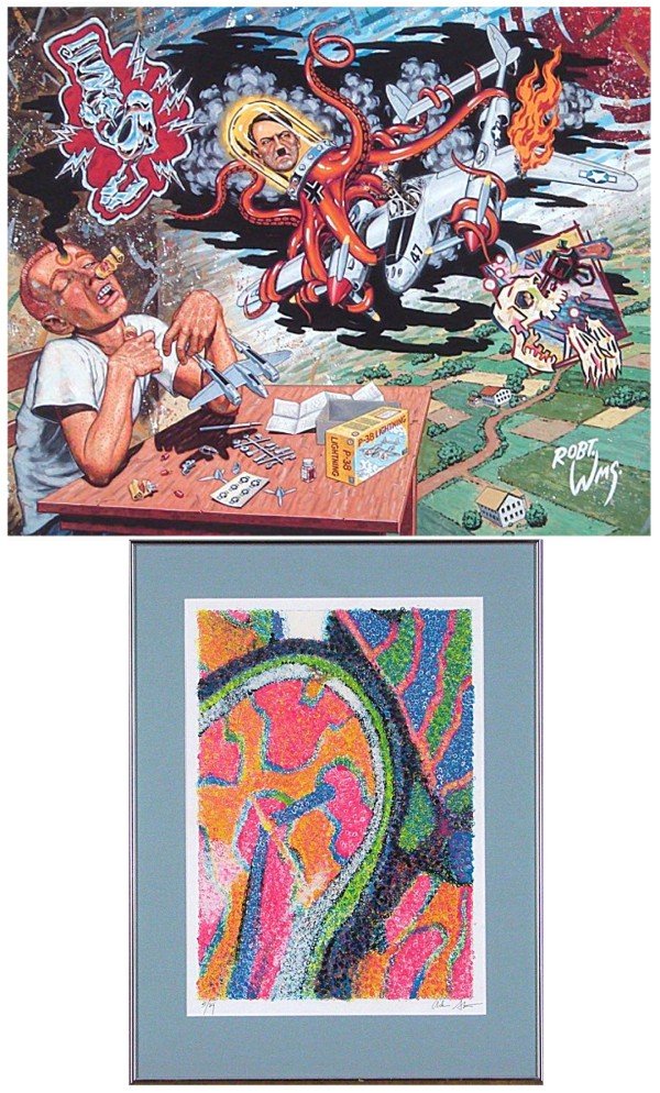 Robert Williams & Artist unidentified (two): Robert Williams, PATRICK HAS A GLUE DREAM, 1989, color print, signed in pen, from the numbered edition 300, sheet 18 x 21”, in apparently good condition; Together with Artist unidentified, mixed med
