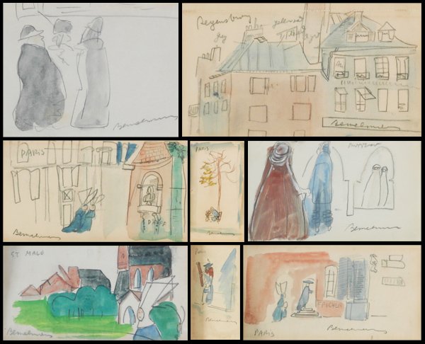 Ludwig Bemelmans (1898-1962) American (eight): REYENSBURY GREY; PARIS FFICHER; THREE CAPED MEN; ST. MALO; MORROW; PARIS, TWO NUNS WALKING; PARIS, NUN & TWO CHILDREN; PARIS, MONSIGNOR, eight watercolors and graphite on paper, each signed, most insc