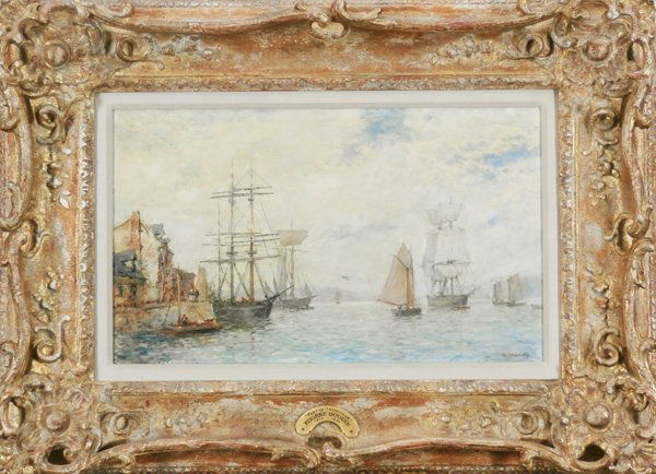 attributed to Eugene Boudin (1824-1898) French: PORT DE TROVILLE, oil painting on canvas, signed lower right, 12 x 20”, framed, surface soiling, hairline cracking, small impact dent with some loss and near break-through of canvas, black-lite reve